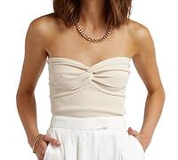 ISZPLUSH Trägerloses Crop-Top für Damen, sexy Herzausschnitt, Gerippter Strick, gedrehter Knoten vorne, ärmellos, Y2K CamisoleTank-Top, Beige, Klein