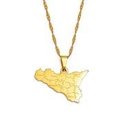 Italien-Sizilien-Karte-Anhänger-Halsketten Für Damen/Mädchen, Hip-Hop, Glänzender Weltschmuck, Karte Von Haiti, Schlüsselbeinkette, Ornamentartikel, Pulloverkette, Gelb, 45 cm Dünne Kette