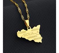 Italien Sizilien Karte Anhänger Halsketten,Sizilien Karte Mit Stadtnamen Muster Amulett Halskette,Unisex Hip Hop Fashion Style Party Jubiläumsgeschenk,Gold,60 cm Kette