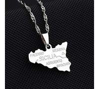 Italien Sizilien Karte Anhänger Halsketten,Sizilien Karte Mit Stadtnamen Muster Amulett Halskette,Unisex Hip Hop Fashion Style Party Jubiläumsgeschenk,Silber,60Cm Kette