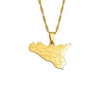 Italien Sizilien Karte Halskette Für Männer Und Frauen, Italienische Karte Halskette Mit Stadtnamen Pullover Schlüsselbeinkette Krawatten, Ethnischer Schmuck Kartensymbol Anhänger, Gold, 60 cm K