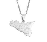 Italien Sizilien Mit Städtenamen Karte Mode Anhänger Und Ketten Halsketten,Italien National Für Damen Herren Karten Geometrie Schmuck Amulett Patriotische Ornamente,Silber,60 cm Kette