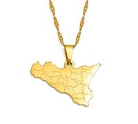 Italien Sizilien Mit Städtenamen Karte Mode Anhänger Und Kettenhalsketten,Italien National Für Damen Herren Karten Geometrie Schmuck Amulett Patriotische Ornamente,Gold,60 cm Kette