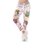 Italy Damen Hose Jogpants Baggy Boyfriend Freizeithose Comic Cartoon Schrift 36-40 (Beere)