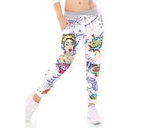 Italy Damen Hose Jogpants Baggy Boyfriend Freizeithose Comic Cartoon Schrift 36-40 (Blau)