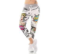 Italy Damen Hose Jogpants Baggy Boyfriend Freizeithose Comic Cartoon Schrift 36-40 (Schwarz)