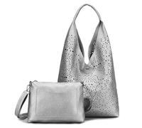 ITALYSHOP24 DAMEN TASCHE XXL SET 2in1 Shopper Hobo Bag Schultertasche Cross Over Body Bag Umhängetasche Beuteltasche Handtasche Leder Optik Silber V2