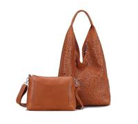 ITALYSHOP24 DAMEN TASCHE XXL SET 2in1 Shopper Hobo Bag Schultertasche Cross Over Body Bag Umhängetasche Beuteltasche Handtasche Leder Optik Cognac