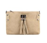 ITALYSHOP24 Made in Italy Damen Leder Clutch Tasche Wildleder Handtasche Umhängetasche Ledertasche Schultertasche Beuteltasche Fransen Cross-Over (Helltaupe), ca.: 24x16 (BxH)