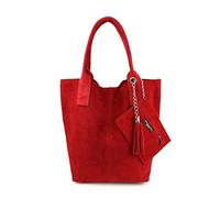 ITALYSHOP24 Made IN Italy Damen XXL Leder Tasche + Schmucktasche Handtasche Wildleder Shopper Schultertasche Fransen Umhängetasche Quaste Kette DIN-A4 Hobo Tote Bag Rot