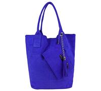 Made IN Italy Damen XXL Leder Tasche Wildleder Shopper Schultertasche + Schmucktasche (Königsblau)