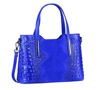 ITALYSHOP24 OBC Made IN Italy Damen Echt Leder Tasche Kroko-Prägung Business Shopper Schultertasche Handtasche Ledertasche Umhängetasche Wildleder Königsblau