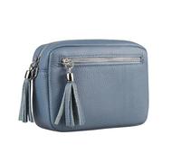 ITALYSHOP24COM OBC Made in Italy Damen Leder Tasche Umhängetasche Schultertasche Beuteltasche Cross-Over Cross Bag Glattleder Schmucktasche Fransen Ledertasche (Jeansblau), ca.: 20x14x6 cm (BxHxT)