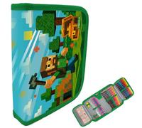 itenga Federmäppchen Jungen 28-teilig gefüllt - Schüler-Etui 1-Zipper mit Stiften, Lineal & Zubehör - Mäppchen Schule Grundschule (Motiv Blockgame Pixel)