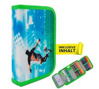 itenga Federmäppchen Jungen 28-teilig gefüllt - Schüler-Etui 1-Zipper mit Stiften, Lineal & Zubehör - Mäppchen Schule Grundschule (Motiv Fussball)