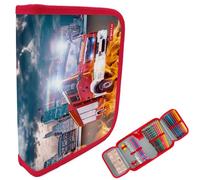 itenga Federmäppchen Jungen 28-teilig gefüllt - Schüler-Etui 1-Zipper mit Stiften, Lineal & Zubehör - Mäppchen Schule Grundschule (Motiv Feuerwehr)