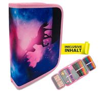 itenga Schüler-Etui 28 teilig gefüllt 1-Zipper Federmäppchen für Jungen und Mädchen (magisches Einhorn)