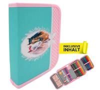 itenga Schüler-Etui 28 teilig gefüllt 1-Zipper Federmäppchen für Jungen und Mädchen (Pferd)