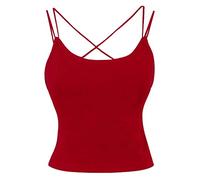 ITODA Spaghetti Top Damen Unterhemd Baumwolle Tank Top mit Gepolsterten BH Spaghettitop Crossback Crop Top Rückenfrei Ärmelloses Trägertop Basic Cami Tanktop Oberteil für Frauen Mädchen Rot