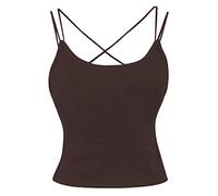 ITODA Spaghetti Top Damen Unterhemd Baumwolle Tank Top mit Gepolsterten BH Spaghettitop Crossback Crop Top Rückenfrei Ärmelloses Trägertop Basic Cami Tanktop Oberteil für Frauen Mädchen Braun