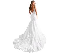 IUYRESX ballkleid,Spaghettiträger Brautkleid Meerjungfrau V-Ausschnitt BohoSpitze Tüll Schleppe Hochzeitskleider Für Damen Weiß 44