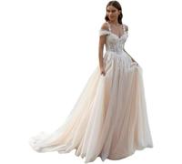 IUYRESX Brautkleid A Linie Damen Tüll Brautkleider Lang Elegant Hochzeitskleider Prinzessin Glitzer Mit Spitze V-Ausschnitt Trauung Kleid Ärmellos Elfenbein 34