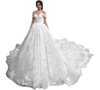 IUYRESX Brautkleid A Linie,Off The Shoulder Spitze Applique Brautkleid Boho Korsett Trägerloses Hochzeitskleid Mit Schleppe Elfenbein 34