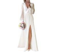 IUYRESX Brautkleid Langarm,Chiffon Langarm Brautkleider Boho V-Ausschnitt Schlicht Lang Hochzeitskleider Spitze Standesamt Brautkleid Mit Schlitz Elfenbein 54