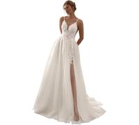IUYRESX Brautkleid Prinzessin Damen Brautkleider Spaghettiträger Boho Hochzeitskleider Spitze A-Linie Standesamt Kleider Elfenbein 50