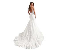 IUYRESX brautkleid schwarz,Spaghettiträger Brautkleid Meerjungfrau V-Ausschnitt BohoSpitze Tüll Schleppe Hochzeitskleider Für Damen Elfenbein 32