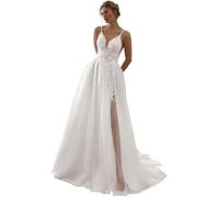 IUYRESX Brautkleider Damen Brautkleider Spaghettiträger Boho Hochzeitskleider Spitze A-Linie Standesamt Kleider Weiß 34