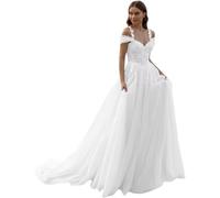 IUYRESX Brautkleider Damen Tüll Brautkleider Lang Elegant Hochzeitskleider Prinzessin Glitzer Mit Spitze V-Ausschnitt Trauung Kleid Ärmellos Weiß 34