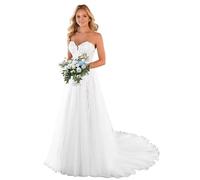 IUYRESX Brautkleider Spitze Applique Boho Braut Brautkleider Lange A Linie Hochzeitskleid Standesamt Prinzessin V-Ausschnitt Brautkleid Weiß 34