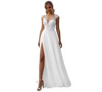 IUYRESX Hochzeitskleider Für Damen,Damen Boho Hochzeitskleid Chiffon Spitzen Standesamt Brautkleider Lang Strand Brautmode Kleid Weiß 42