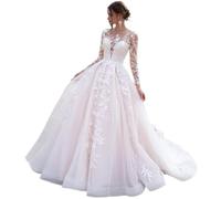 IUYRESX Hochzeitskleider Für Damen,Spitzenapplikationen Brautkleider A-Linie Standesamt Lange Ärmel Brautkleid Hochzeitskleid Für Die Braut Mit Zug Weiß 42