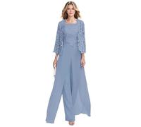 IUYRESX Hosenanzug Damen Elegant 3 Teiler,Hosenanzug Damen Festlich Elegant 3-Teiliger Spitzen Chiffon Mutter Der Hochzeitsoutfit Mit Jacke Hochzeit Brautmutter Hosen Set Staubiges Blau 34