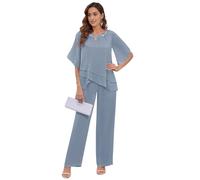 IUYRESX Hosenanzug Damen Hochzeit,Mutter Der Braut Hosenanzug Damen Festlich Elegant 2-Teiliges Chiffon Hosenanzüge Set Hochzeitsgäste Outfit Stimmungsvolles Blau 32