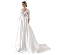 IUYRESX Kleid Standesamt Braut,Damen Elegant Satin Spitze Brautkleider 3/4 Ärmel Hochzeitskleid A-Linie Braut Standesamtkleider Standesamtkleider Mit Schleppe Elfenbein 52