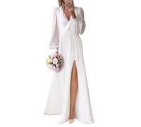 IUYRESX Standesamt Kleider Braut,Chiffon Langarm Brautkleider Boho V-Ausschnitt Schlicht Lang Hochzeitskleider Spitze Standesamt Brautkleid Mit Schlitz Weiß 46