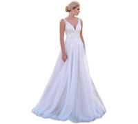 IUYRESX Standesamt Kleider Braut Damen Spitze Brautkleider Lang Hochzeitskleider Boho Standesamtkleider Brautmode Weiß 46