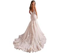 IUYRESX Wedding Dress for Bride,Spaghettiträger Brautkleid Meerjungfrau V-Ausschnitt BohoSpitze Tüll Schleppe Hochzeitskleider Für Damen Champagner 36