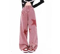 IVYARD Vintage Retro Star Stickerei Streetwear Übergroße Jeans Damen High Waist Washed Mom Denim Hose Weites Bein Cargohose-1-M