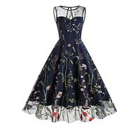 IWEMEK Damen 1950er Vintage Blumen Stickerei Tüllkleid Retro 50er 60er Jahre Rockabilly Swing A-Linie Cocktail Hochzeit Brautjungfer Party Abendkleid Ballkleid #A: Marineblau Ärmellos XL