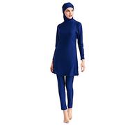 IWEMEK Damen Ganzkörper Burkini Badeanzüge Bescheidene Muslimische Bademode Solide Langarm Schwimmen Top + Hose + Hijab 3tlg Islamischer Badeanzug Arabisch Beachwear Marineblau L