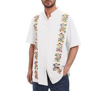 IWEMEK Guayabera Hemd Herren Baumwollhemd Mexikanisches Baumwoll Hemden Männer Sommer-Shirt Kurzarm mit Stickerei Freizeithemden Lässiges Sommerhemd mit Button-Down Weiß XL