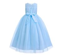 IWEMEK Kleid für kleine Mädchen, Tüll, rückenfrei, lang, Ball, ohne Puffärmel, Prinzessin, Abendkleid, Hochzeit, Brautjungfer, Taufe, Party, Geburtstag, blau, 13-14 Jahre