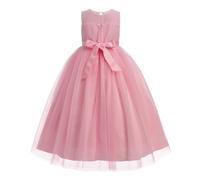 IWEMEK Kleid für kleine Mädchen, Tüll, rückenfrei, lang, Ball, ohne Puffärmel, Prinzessin, Abendkleid, Hochzeit, Brautjungfer, Taufe, Party, Geburtstag, Rosa, 11-12 Jahre