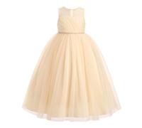 IWEMEK Kleid für kleine Mädchen, Tüll, rückenfrei, lang, Ball, ohne Puffärmel, Prinzessin, Abendkleid, Hochzeit, Brautjungfer, Taufe, Party, Geburtstag, champagne, 13-14 Jahre