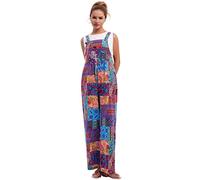 IWEMEK Leinen Overall Jumpsuit Damen Sommer Latzhose Elegant Festlich Strampler fr Hochzeit Lang Romper rmellos Druck Sommerhose mit Trger Loose Bib Playsuit mit Taschen blau c S