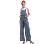 IWEMEK Leinen Overall Jumpsuit Damen Sommer Latzhose Elegant Festlich Strampler fr Hochzeit Lang Romper rmellos Druck Sommerhose mit Trger Loose Bib Playsuit mit Taschen blau b XXL